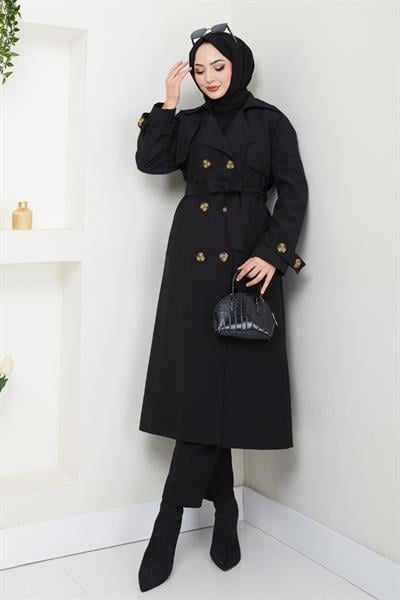 Taşlı Toka Detaylı Astarlı Siyah Trençkot