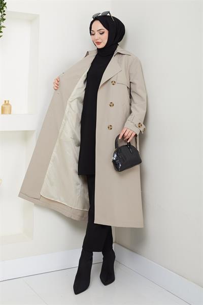 Taşlı Toka Detaylı Astarlı Taş Trençkot