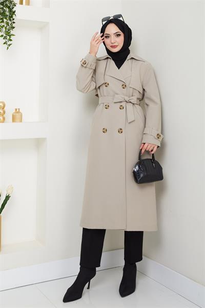 Taşlı Toka Detaylı Astarlı Taş Trençkot