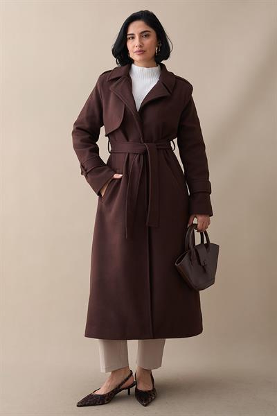 Tek Kapaklı Cepli Kuşaklı Acı Kahve Kaşe Kaban