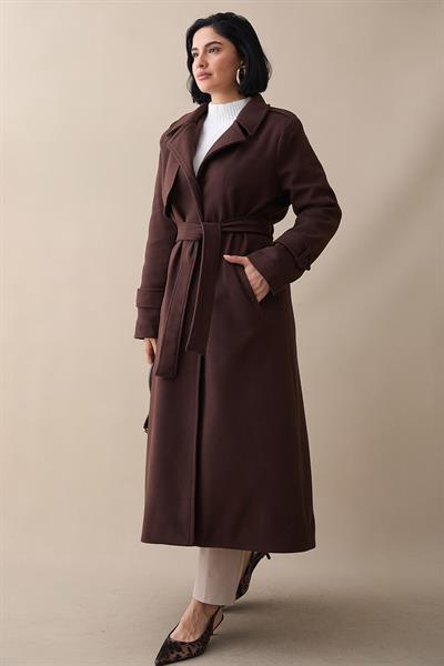 Tek Kapaklı Cepli Kuşaklı Acı Kahve Kaşe Kaban