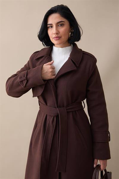 Tek Kapaklı Cepli Kuşaklı Acı Kahve Kaşe Kaban