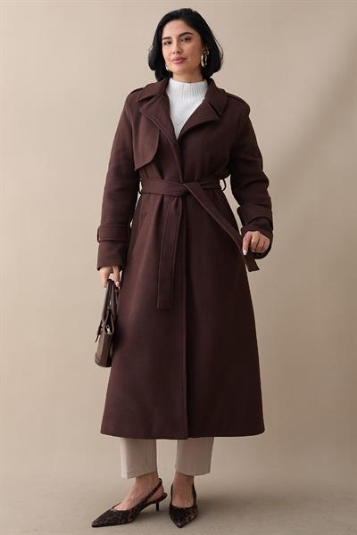 Tek Kapaklı Cepli Kuşaklı Acı Kahve Kaşe Kaban