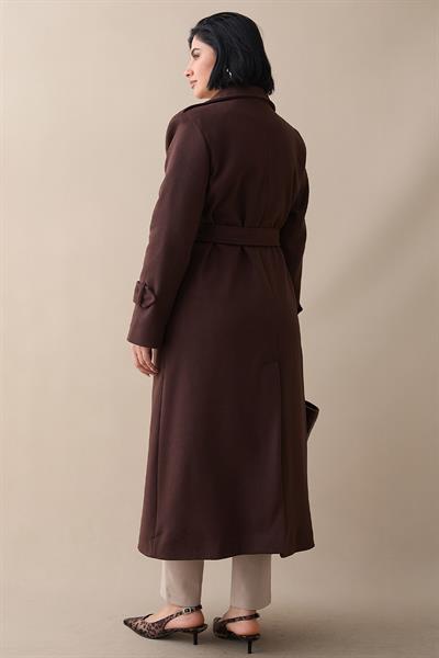 Tek Kapaklı Cepli Kuşaklı Acı Kahve Kaşe Kaban