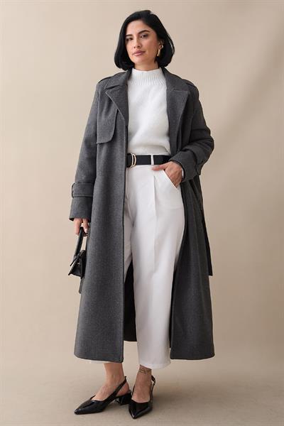 Tek Kapaklı Cepli Kuşaklı Antrasit Kaşe Kaban