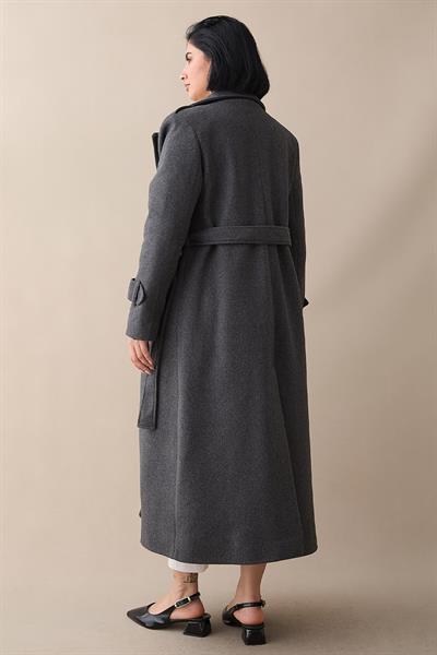 Tek Kapaklı Cepli Kuşaklı Antrasit Kaşe Kaban