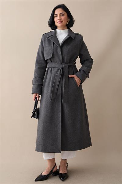 Tek Kapaklı Cepli Kuşaklı Antrasit Kaşe Kaban