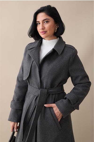 Tek Kapaklı Cepli Kuşaklı Antrasit Kaşe Kaban