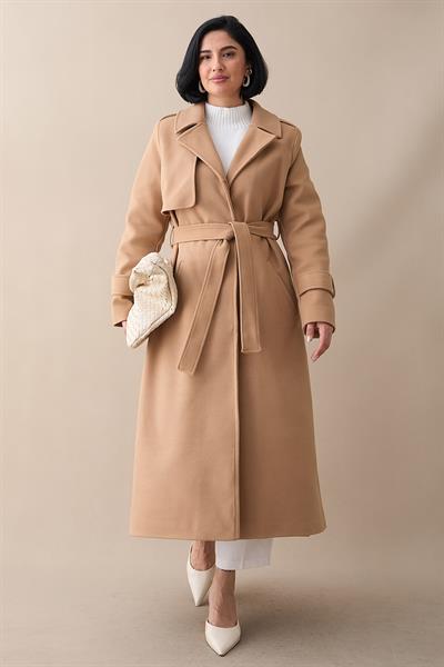 Tek Kapaklı Cepli Kuşaklı Camel Kaşe Kaban