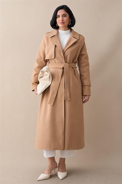 Tek Kapaklı Cepli Kuşaklı Camel Kaşe Kaban