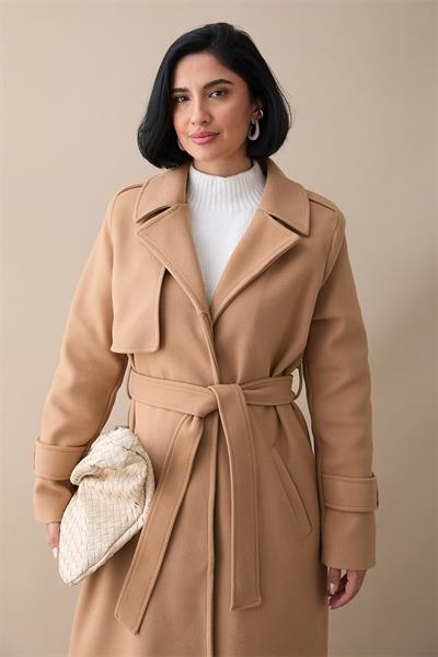 Tek Kapaklı Cepli Kuşaklı Camel Kaşe Kaban