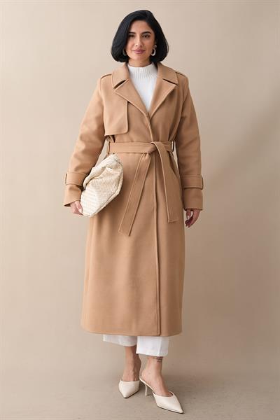 Tek Kapaklı Cepli Kuşaklı Camel Kaşe Kaban