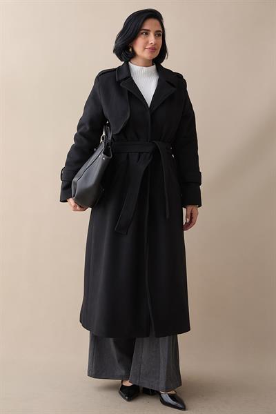 Tek Kapaklı Cepli Kuşaklı Siyah Kaşe Kaban