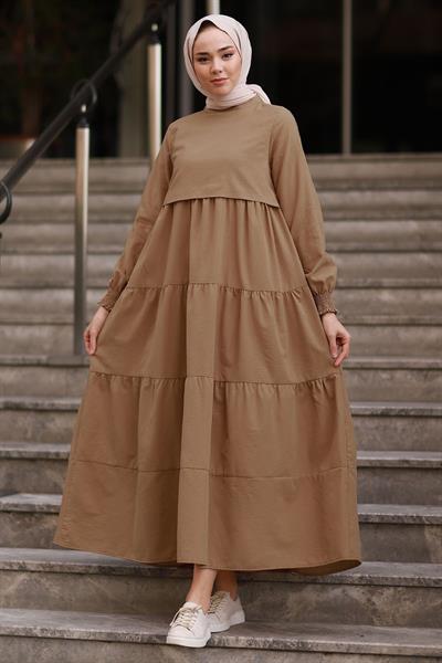 Single Layer Detail Loose Tan Dress