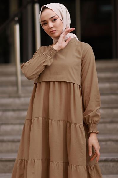 Single Layer Detail Loose Tan Dress
