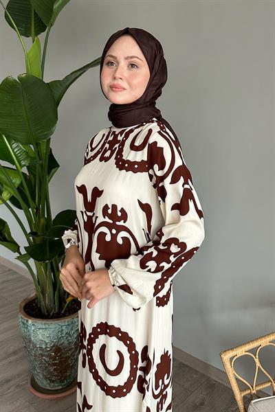 Tek Renk Desenli Acı Kahve Viskon Elbise