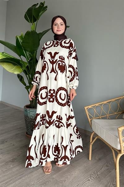 Tek Renk Desenli Acı Kahve Viskon Elbise