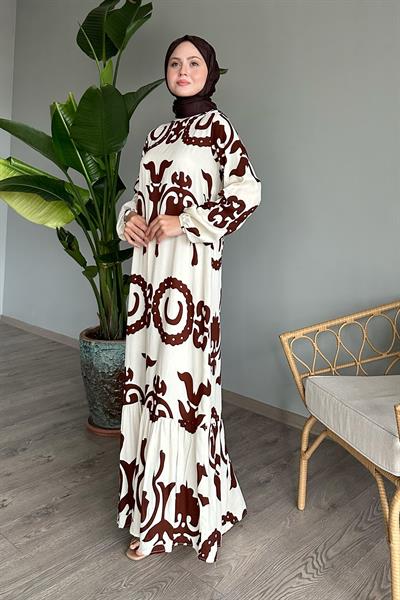 Tek Renk Desenli Acı Kahve Viskon Elbise