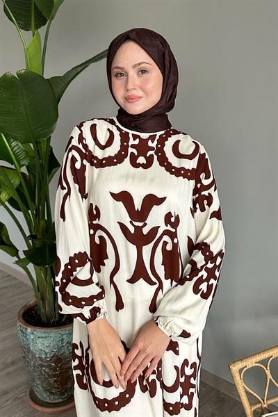 Tek Renk Desenli Acı Kahve Viskon Elbise
