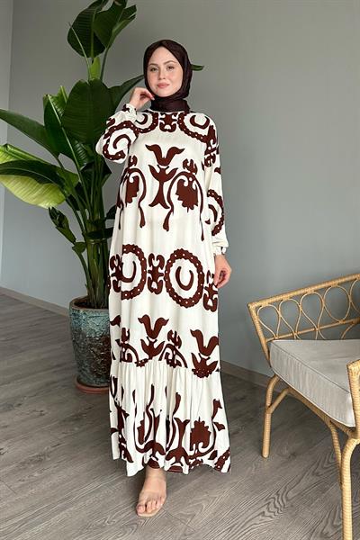 Tek Renk Desenli Acı Kahve Viskon Elbise