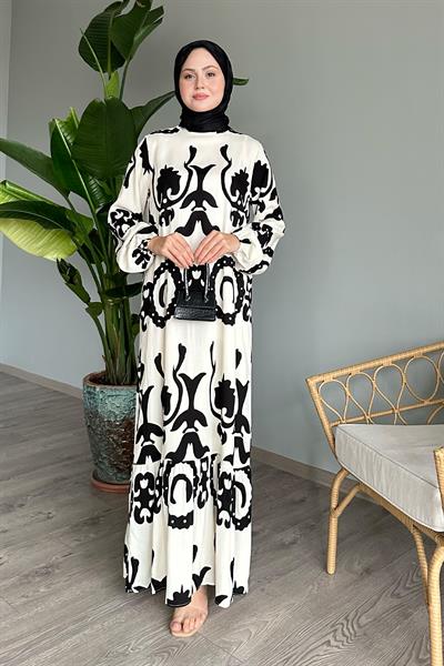 Tek Renk Desenli Ekru Viskon Elbise
