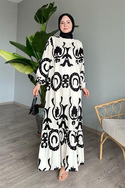 Tek Renk Desenli Ekru Viskon Elbise
