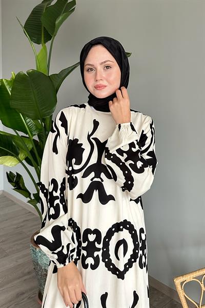 Tek Renk Desenli Ekru Viskon Elbise