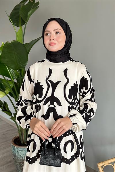 Tek Renk Desenli Ekru Viskon Elbise