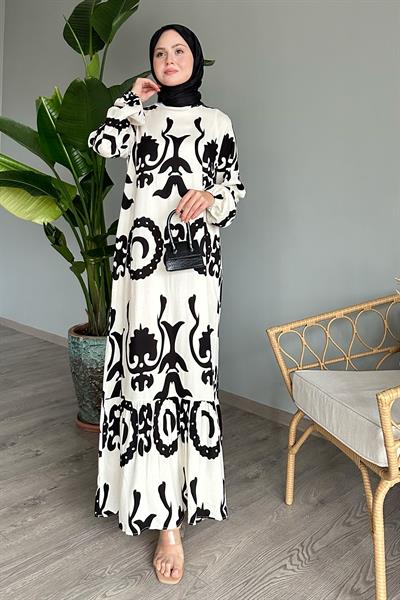 Tek Renk Desenli Ekru Viskon Elbise