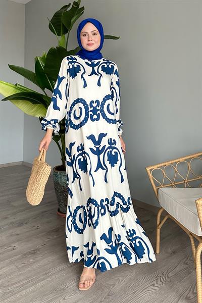Tek Renk Desenli Saks Mavisi Viskon Elbise