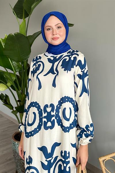 Tek Renk Desenli Saks Mavisi Viskon Elbise