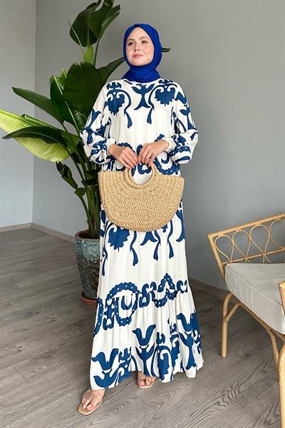 Tek Renk Desenli Saks Mavisi Viskon Elbise