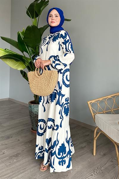 Tek Renk Desenli Saks Mavisi Viskon Elbise