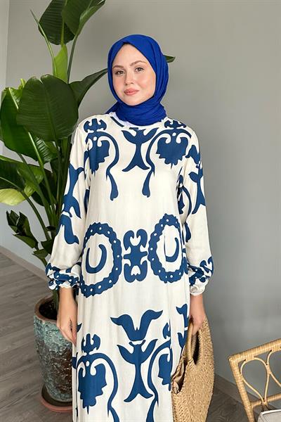 Tek Renk Desenli Saks Mavisi Viskon Elbise