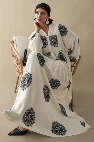 Tek Renk Etnik Siyah Viskon Elbise