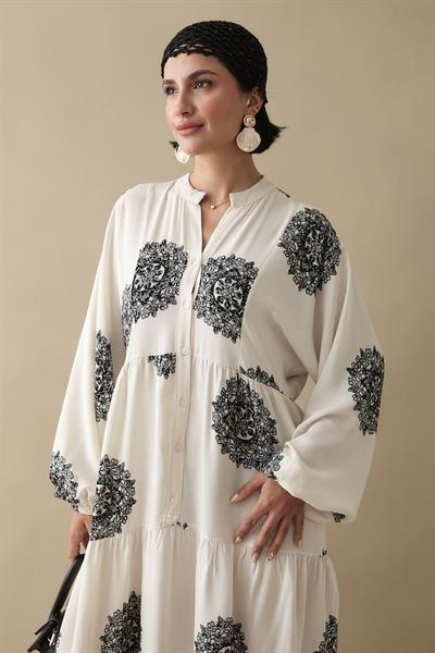 Tek Renk Etnik Siyah Viskon Elbise