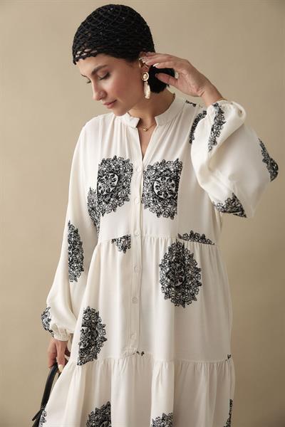 Tek Renk Etnik Siyah Viskon Elbise