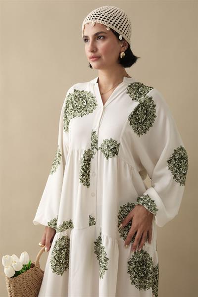 Tek Renk Etnik Yeşil Viskon Elbise