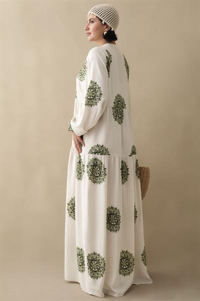 Tek Renk Etnik Yeşil Viskon Elbise