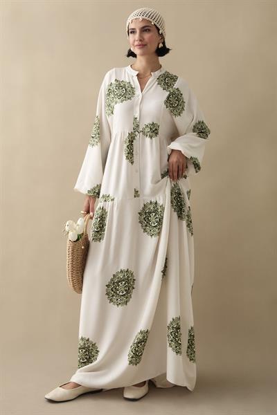 Tek Renk Etnik Yeşil Viskon Elbise