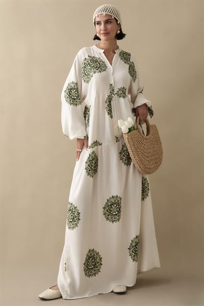 Tek Renk Etnik Yeşil Viskon Elbise