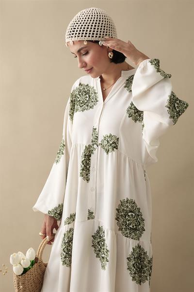 Tek Renk Etnik Yeşil Viskon Elbise