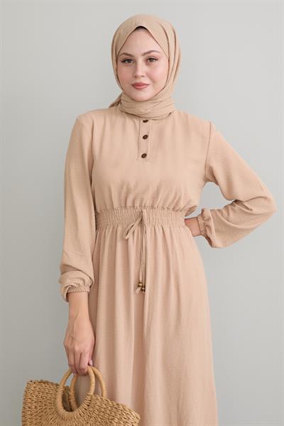 Tena Beli Lastikli Ayrobin Elbise - Bej