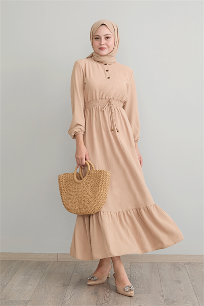 Tena Beli Lastikli Ayrobin Elbise - Bej