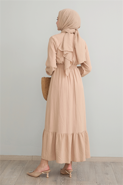 Tena Beli Lastikli Ayrobin Elbise - Bej