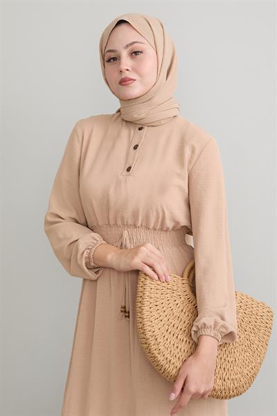Tena Beli Lastikli Ayrobin Elbise - Bej