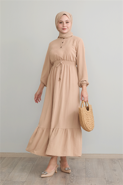 Tena Beli Lastikli Ayrobin Elbise - Bej