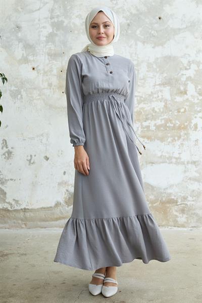 Tena Beli Lastikli Ayrobin Elbise - Gri