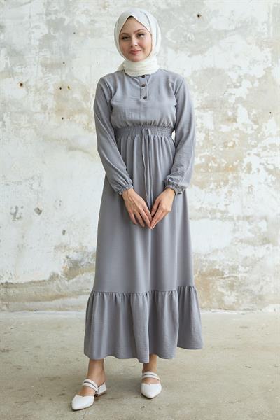 Tena Beli Lastikli Ayrobin Elbise - Gri