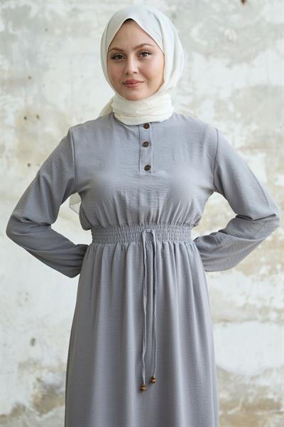 Tena Beli Lastikli Ayrobin Elbise - Gri